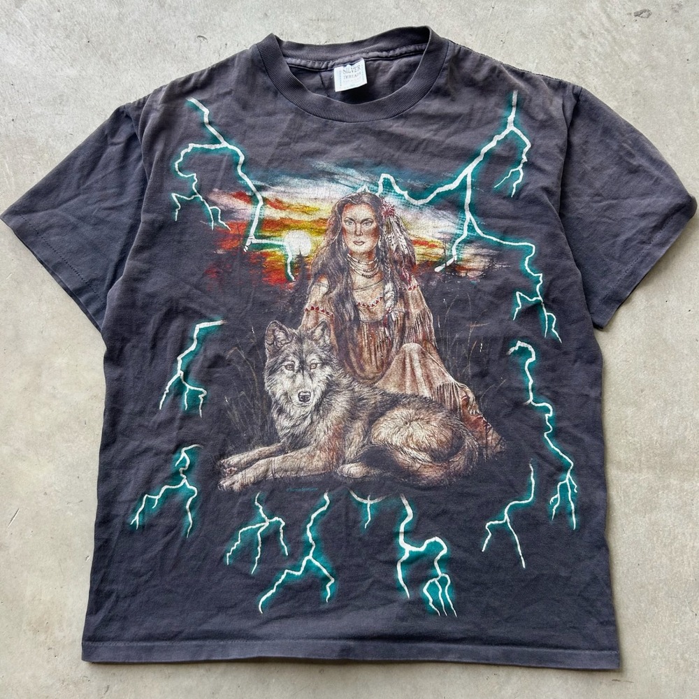 Vintage USA Thunder Native American Wolf Lightning Graphic T-Shirt Black Medium
